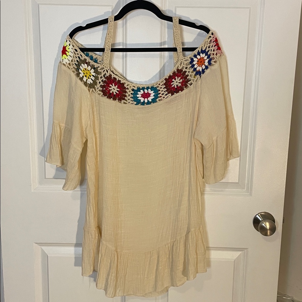 Cream Off-Shoulder Crochet Beach Cover Up- One Size fits most